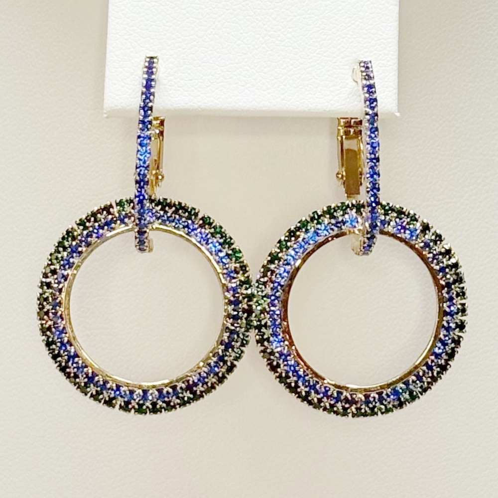 NWT Blue, Green & Gold 2-in-1 Rhinestone Hoop Earrings